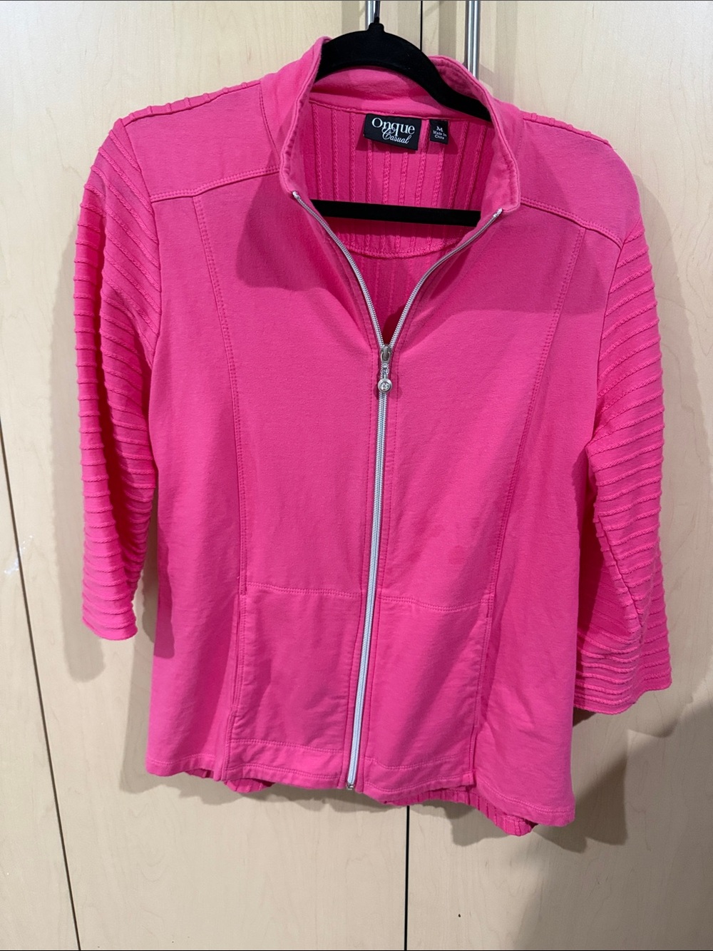 Onque Casuals Bright Pink Ribbed-Sleeve Zip Jacket